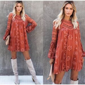 Strut & Bolt Laurel terracotta eyelet crocheted long sleeve mini dress NWT